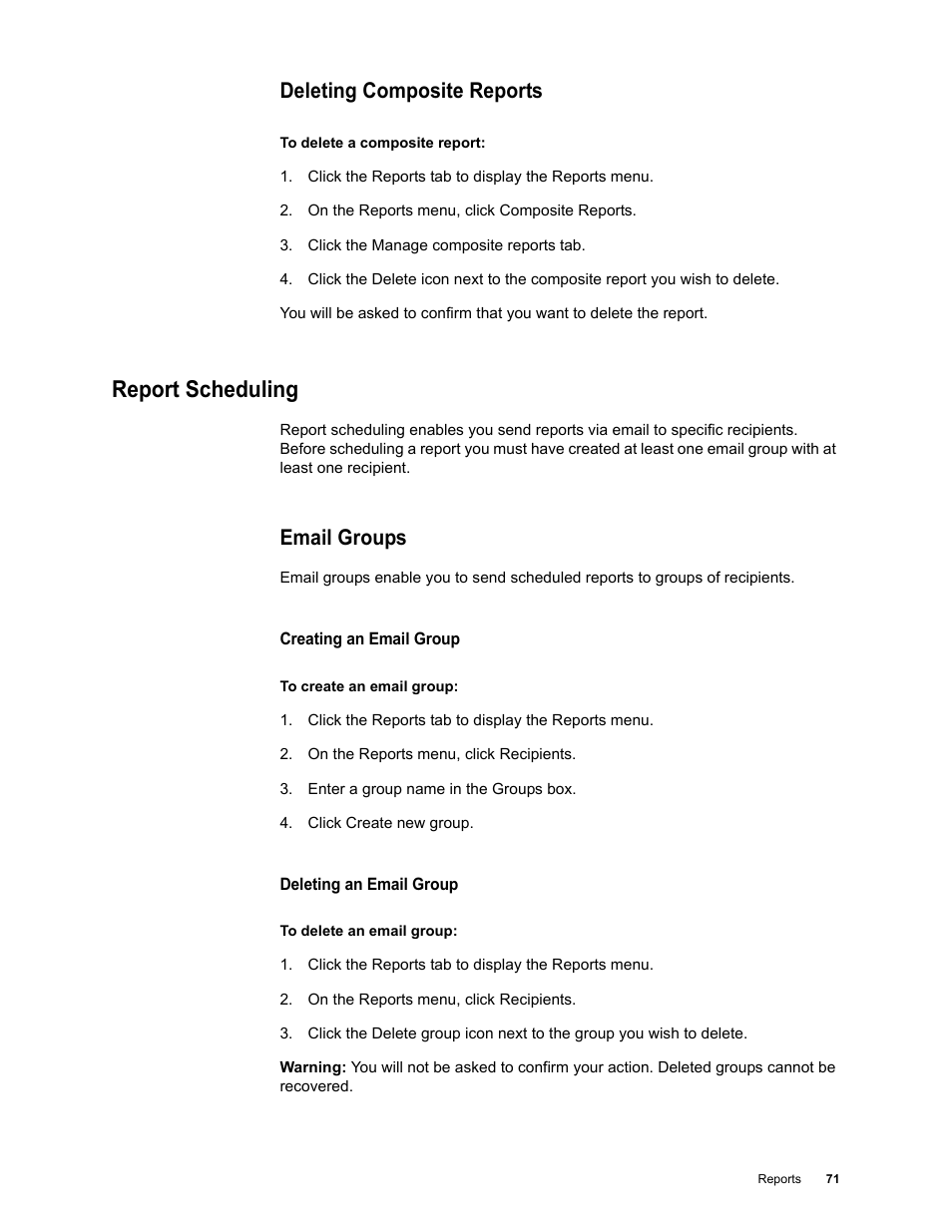 Deleting composite reports, Report scheduling, Email groups | Google Web Security for Enterprise Administration Guide User Manual | Page 68 / 83
