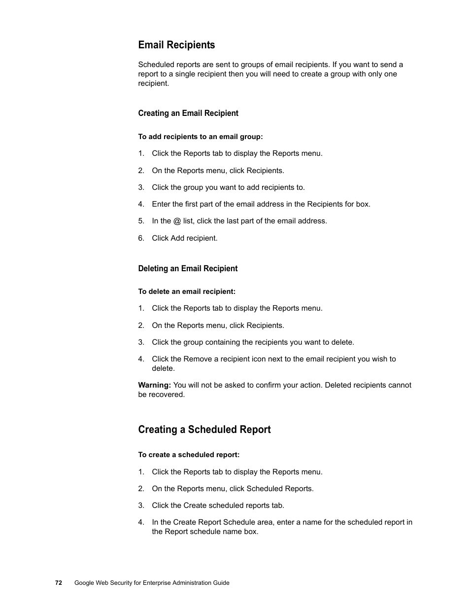 Email recipients, Creating a scheduled report | Google Web Security for Enterprise Administration Guide User Manual | Page 69 / 83