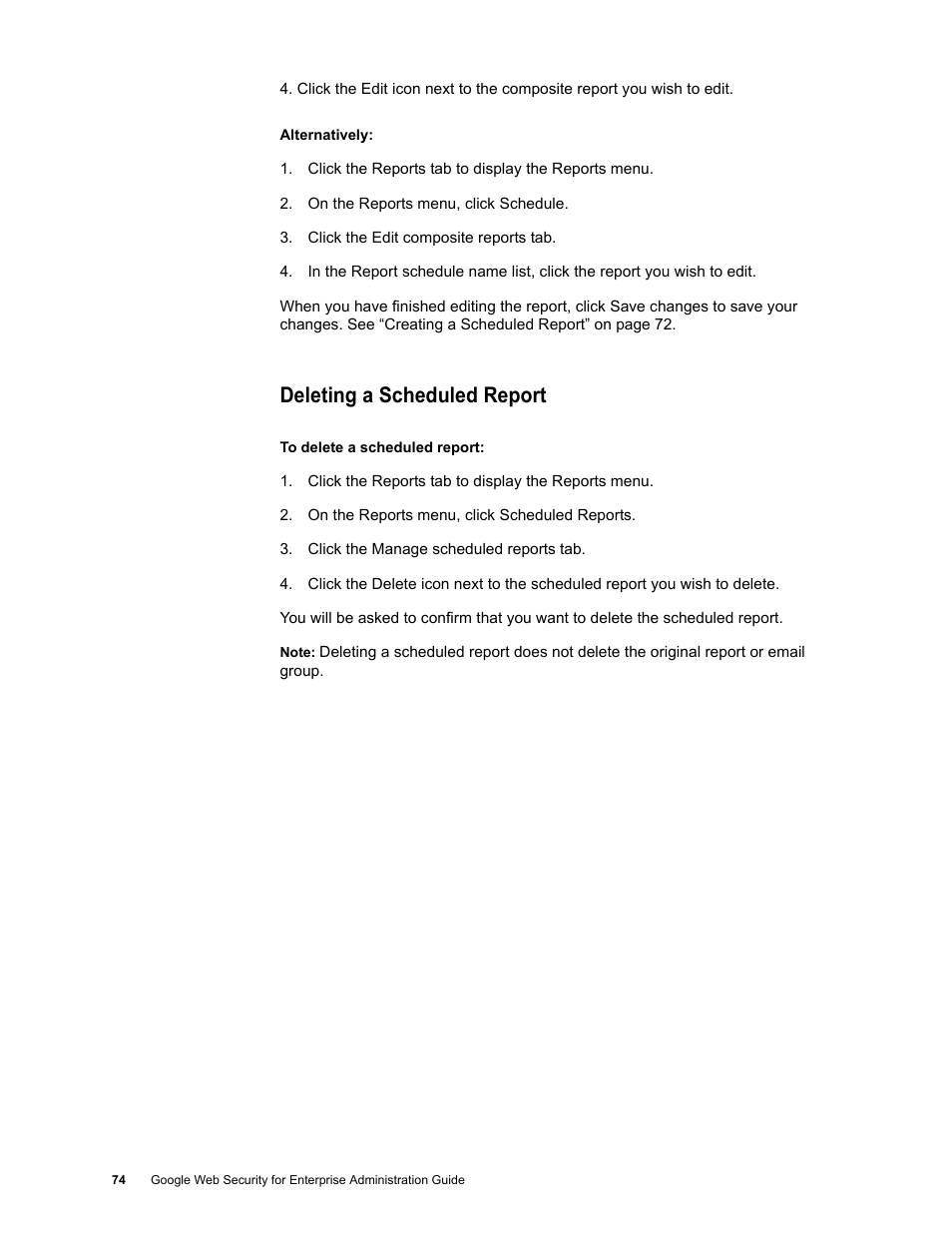 Deleting a scheduled report | Google Web Security for Enterprise Administration Guide User Manual | Page 71 / 83