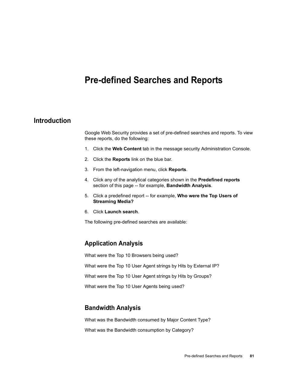 Pre-defined searches and reports, Introduction, Application analysis | Bandwidth analysis, Appendix 10: pre-defined searches and reports | Google Web Security for Enterprise Administration Guide User Manual | Page 78 / 83