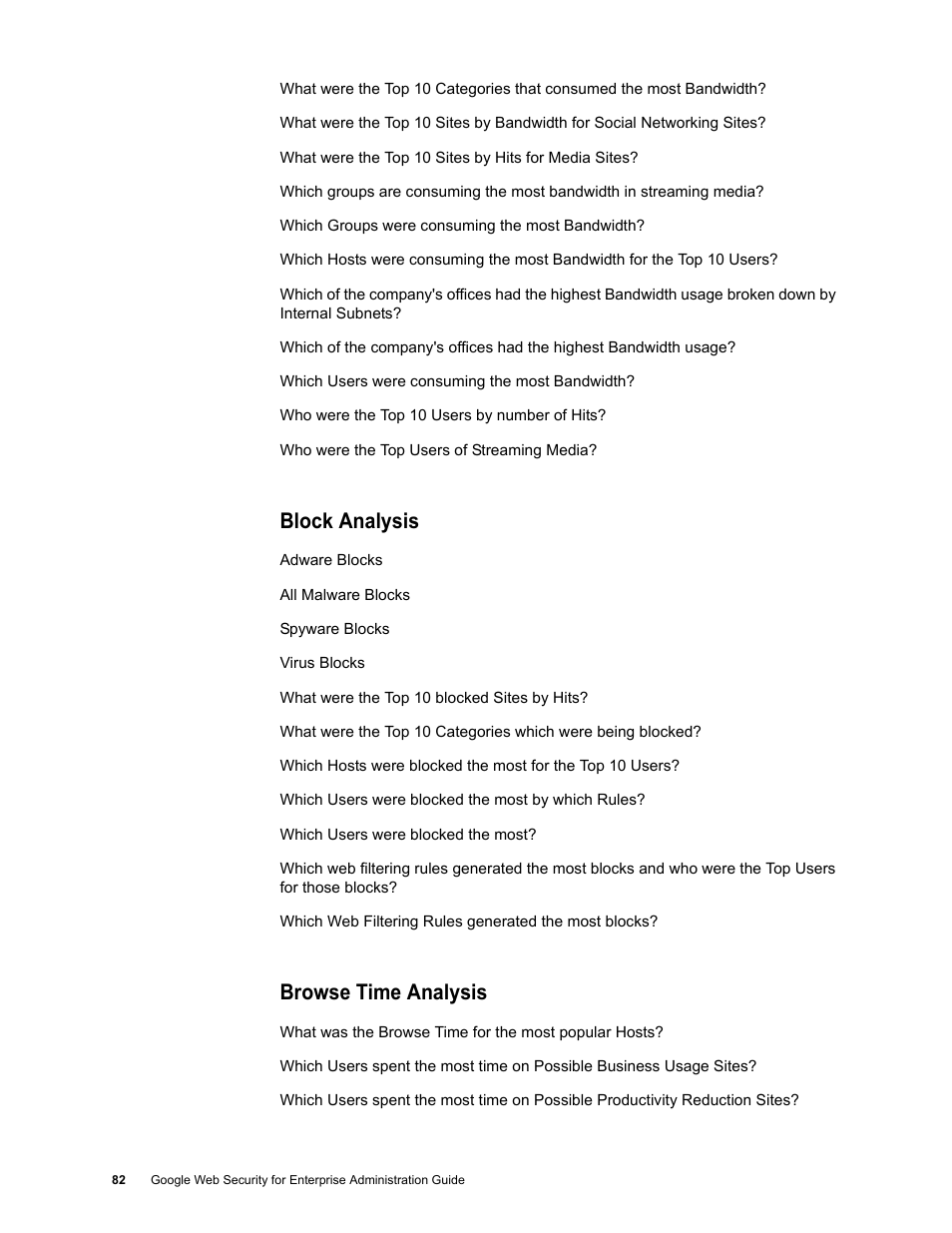 Block analysis, Browse time analysis | Google Web Security for Enterprise Administration Guide User Manual | Page 79 / 83