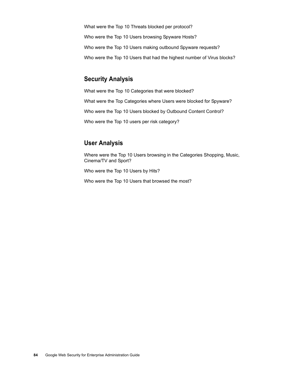 Security analysis, User analysis | Google Web Security for Enterprise Administration Guide User Manual | Page 81 / 83