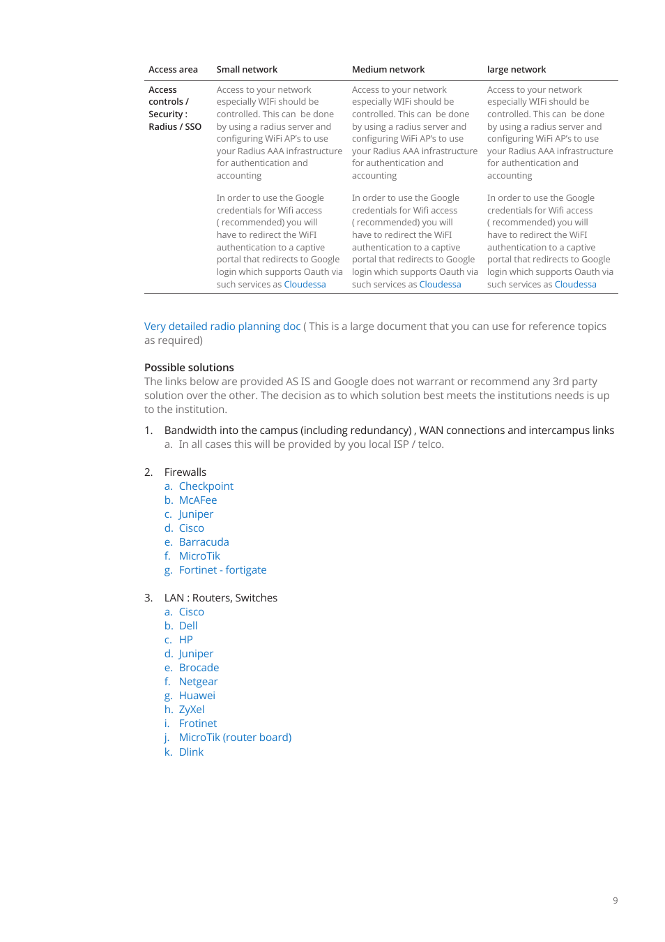 Possible solutions, Firewalls, Lan : routers, switches | Bandwidth into the campus (including redundancy), Wan connections and intercampus links | Google Education – access infrastructure guide User Manual | Page 9 / 11