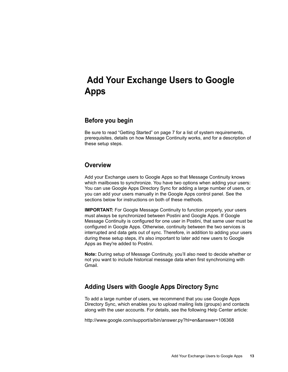 Add your exchange users to google apps, Before you begin, Overview | Adding users with google apps directory sync, Chapter 2: add your exchange users to google apps | Google Message Continuity Setup and Administration Guide User Manual | Page 10 / 33