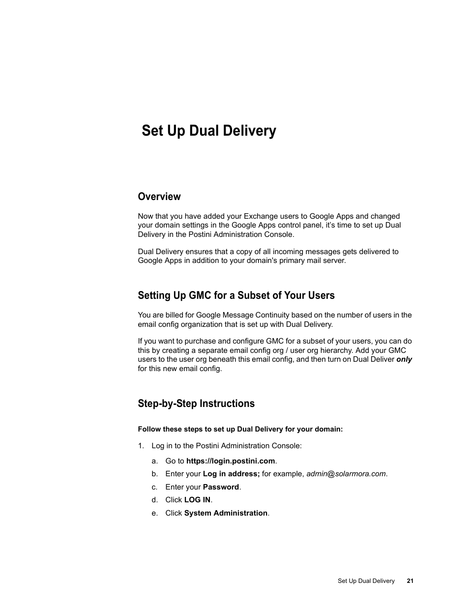 Set up dual delivery, Overview, Setting up gmc for a subset of your users | Step-by-step instructions, Chapter 4: set up dual delivery | Google Message Continuity Setup and Administration Guide User Manual | Page 17 / 33