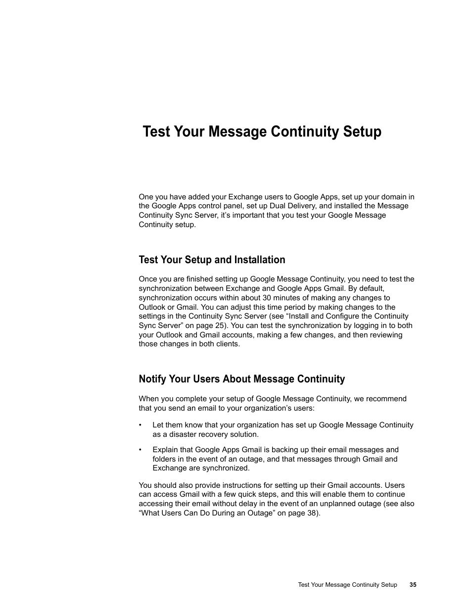 Test your message continuity setup, Test your setup and installation, Notify your users about message continuity | Chapter 6: test your message continuity setup | Google Message Continuity Setup and Administration Guide User Manual | Page 30 / 33
