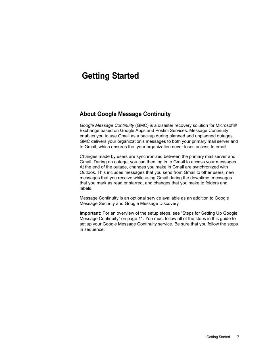 Getting started, About google message continuity, Chapter 1: getting started | Google Message Continuity Setup and Administration Guide User Manual | Page 5 / 33