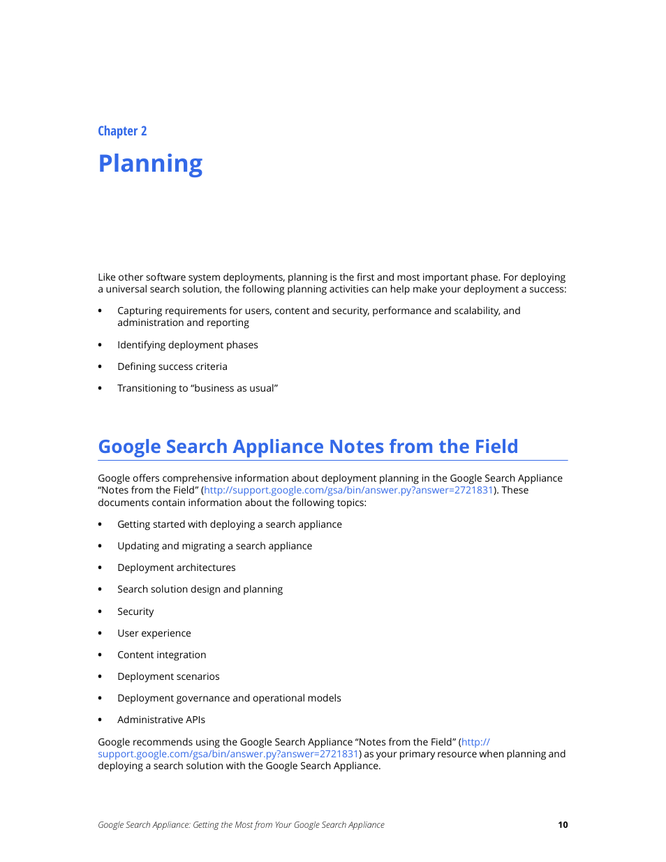 Planning, Google search appliance notes from the field, Chapter 2 | Google Search Appliance Getting the Most from Your Google Search Appliance User Manual | Page 10 / 77