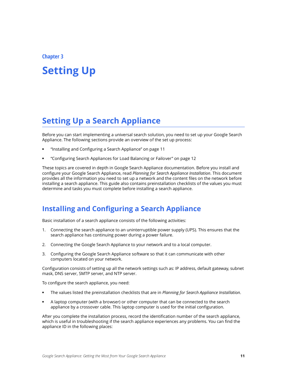 Setting up, Setting up a search appliance, Installing and configuring a search appliance | Chapter 3 | Google Search Appliance Getting the Most from Your Google Search Appliance User Manual | Page 11 / 77