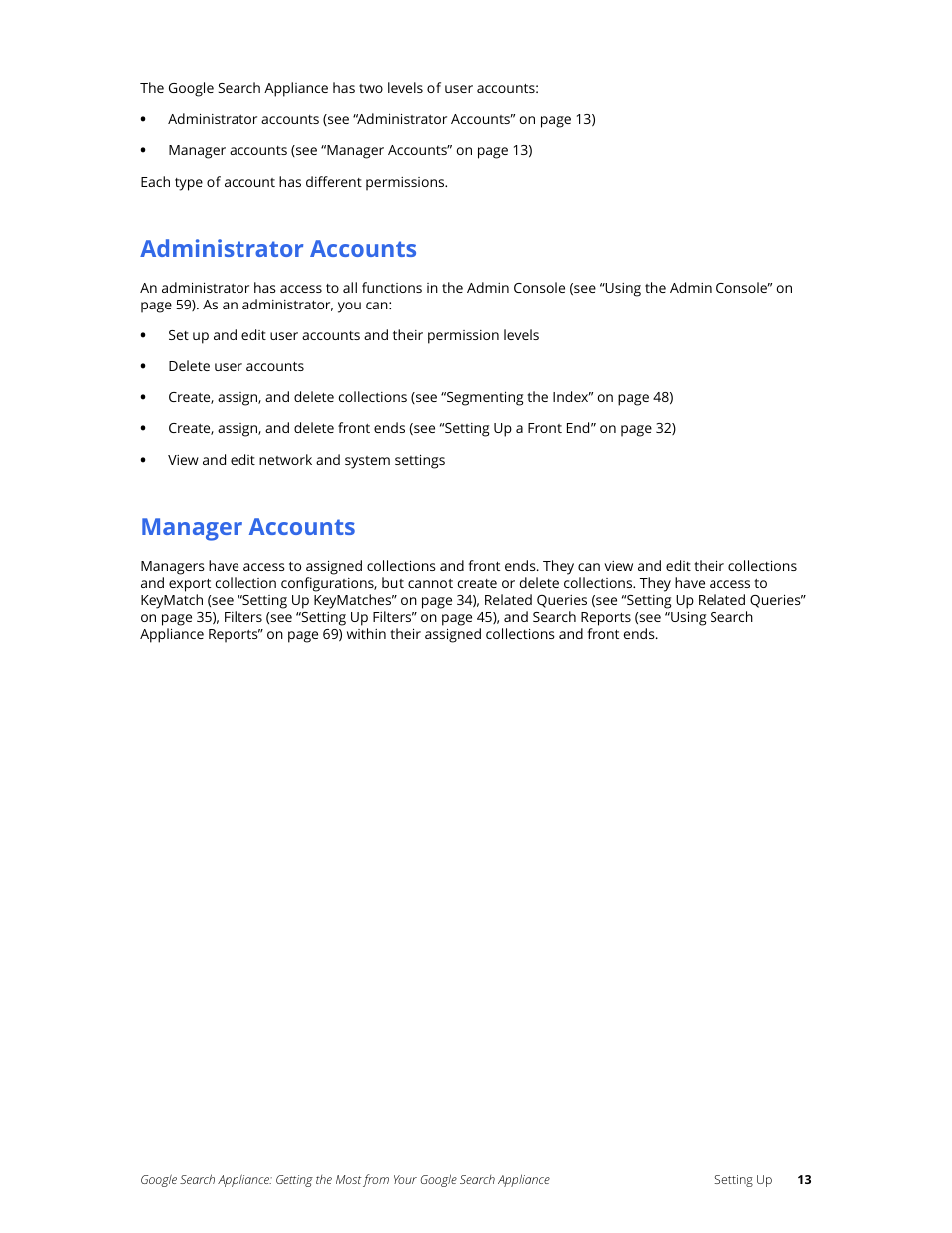 Administrator accounts, Manager accounts | Google Search Appliance Getting the Most from Your Google Search Appliance User Manual | Page 13 / 77