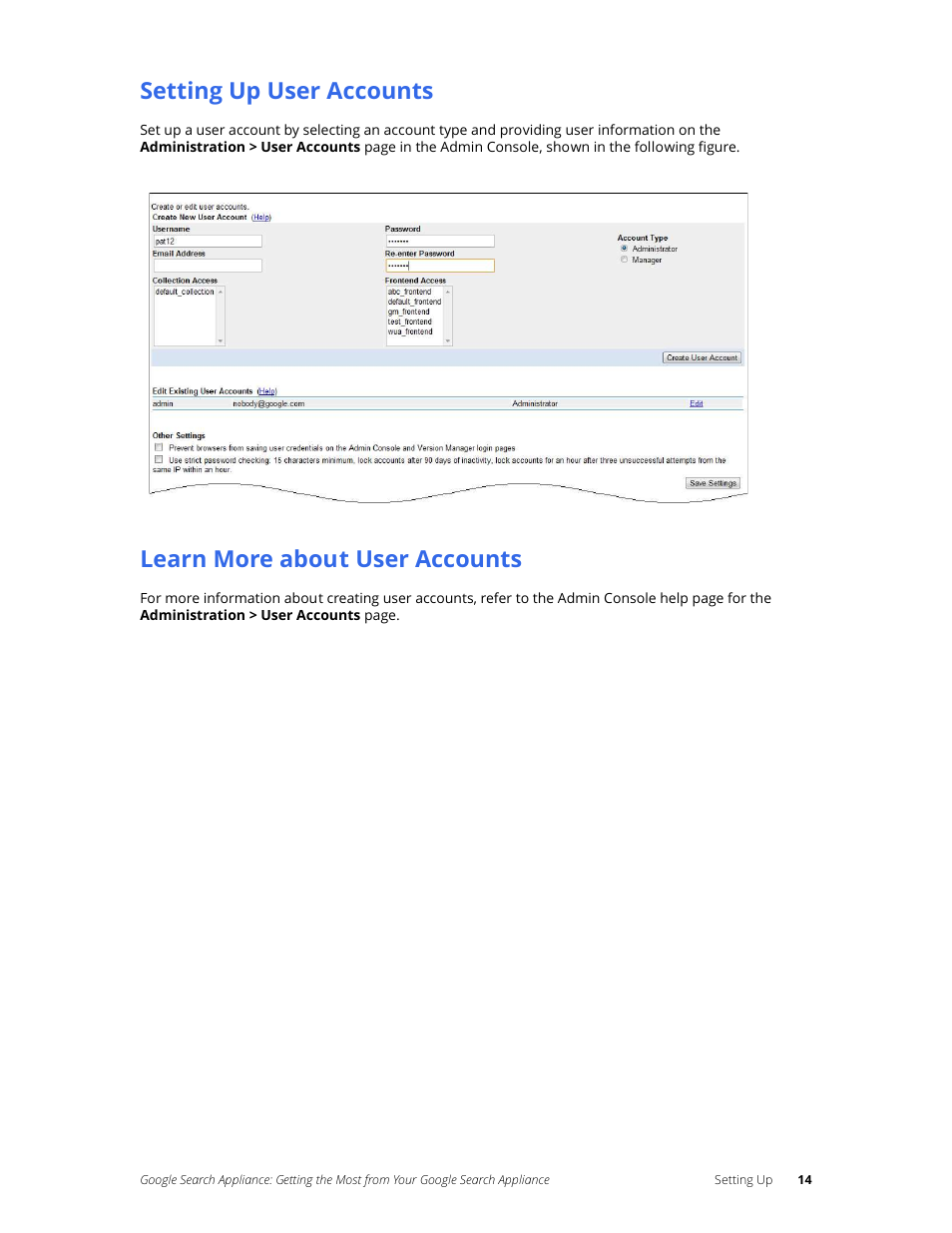 Setting up user accounts, Learn more about user accounts | Google Search Appliance Getting the Most from Your Google Search Appliance User Manual | Page 14 / 77