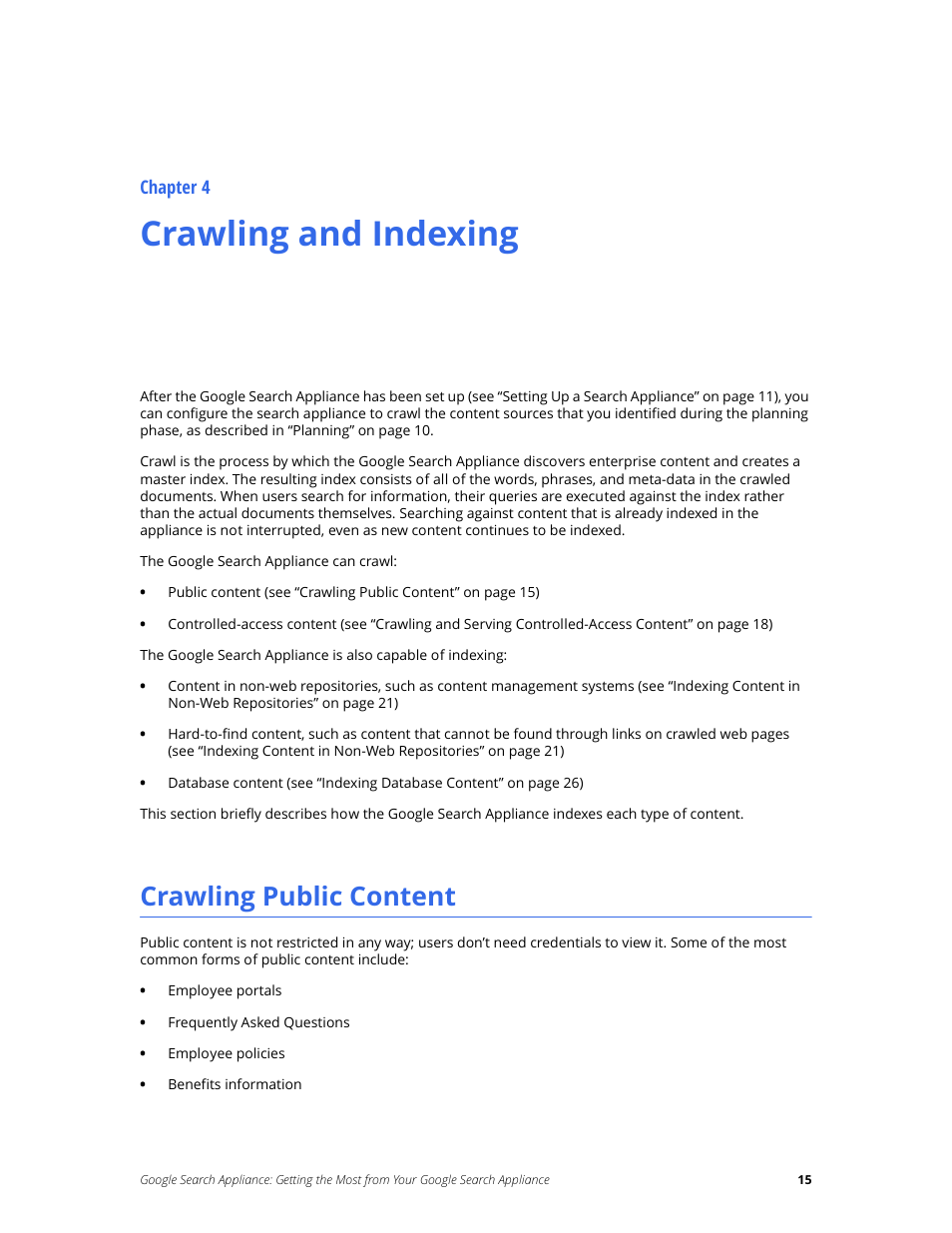 Crawling and indexing, Crawling public content, Chapter 4 | Google Search Appliance Getting the Most from Your Google Search Appliance User Manual | Page 15 / 77