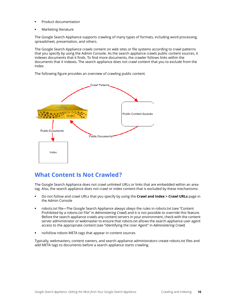 What content is not crawled | Google Search Appliance Getting the Most from Your Google Search Appliance User Manual | Page 16 / 77