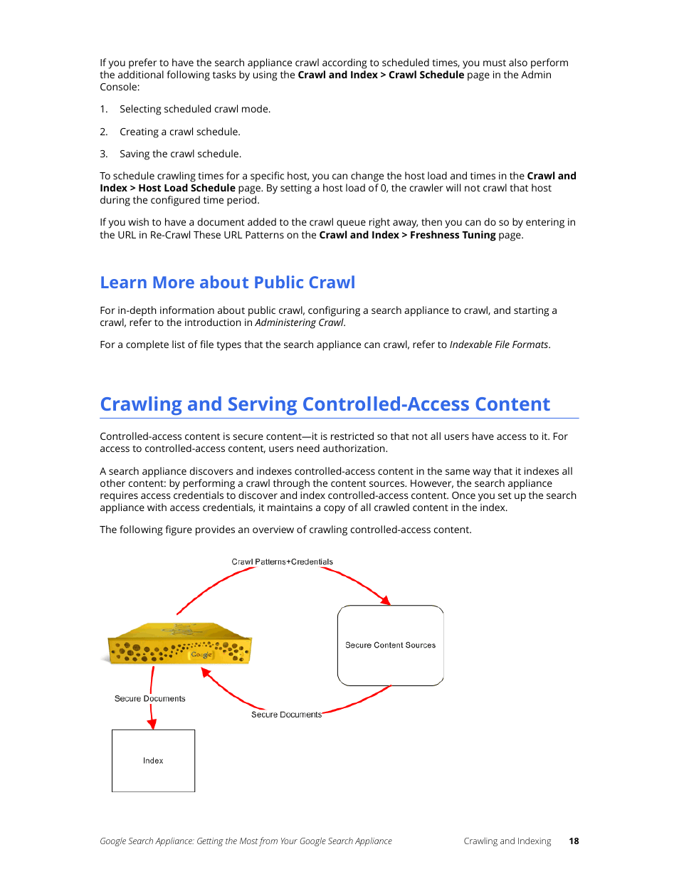 Learn more about public crawl, Crawling and serving controlled-access content | Google Search Appliance Getting the Most from Your Google Search Appliance User Manual | Page 18 / 77