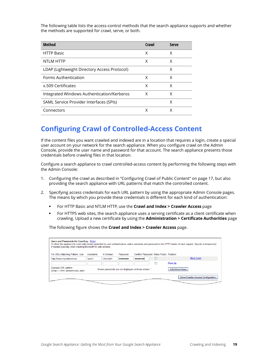 Configuring crawl of controlled-access content | Google Search Appliance Getting the Most from Your Google Search Appliance User Manual | Page 19 / 77