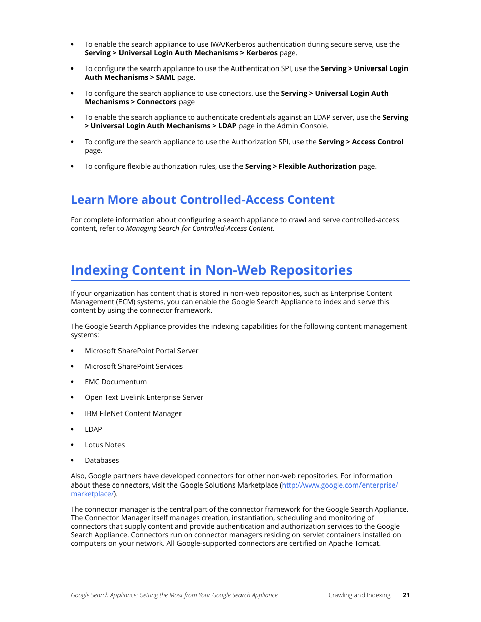 Learn more about controlled-access content, Indexing content in non-web repositories | Google Search Appliance Getting the Most from Your Google Search Appliance User Manual | Page 21 / 77