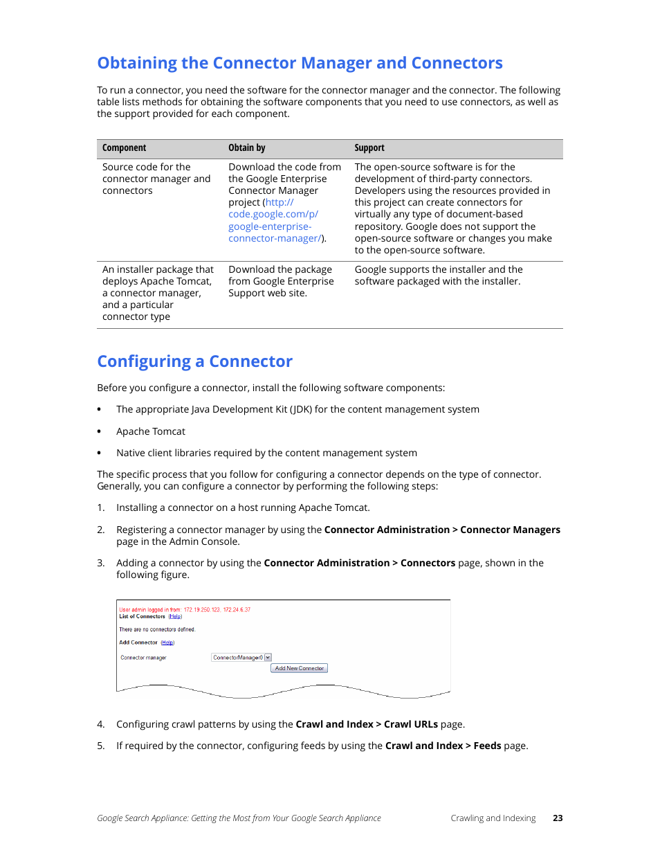 Obtaining the connector manager and connectors, Configuring a connector | Google Search Appliance Getting the Most from Your Google Search Appliance User Manual | Page 23 / 77