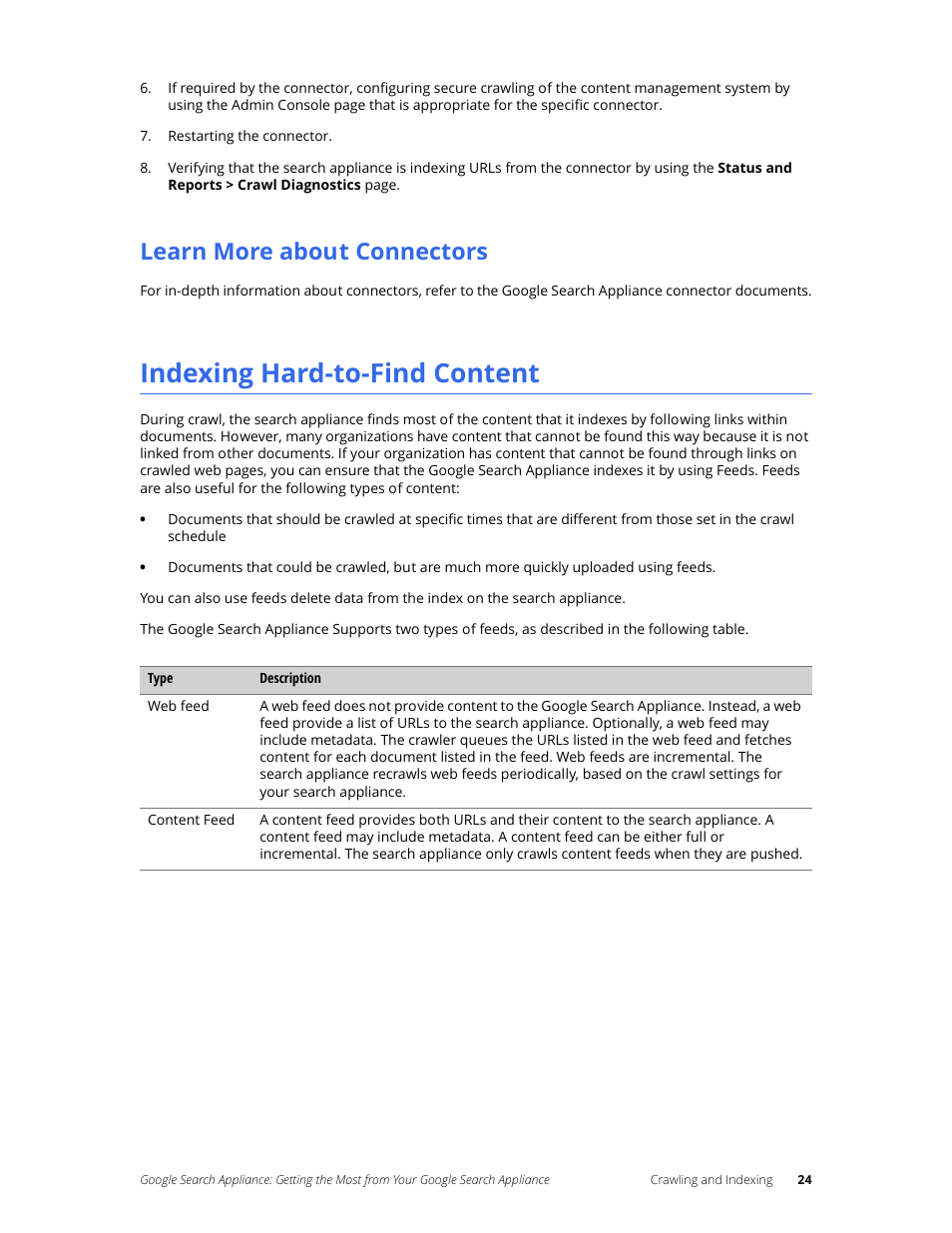 Learn more about connectors, Indexing hard-to-find content | Google Search Appliance Getting the Most from Your Google Search Appliance User Manual | Page 24 / 77