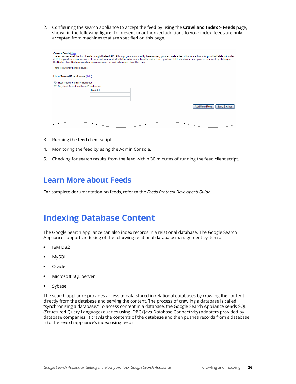 Learn more about feeds, Indexing database content | Google Search Appliance Getting the Most from Your Google Search Appliance User Manual | Page 26 / 77
