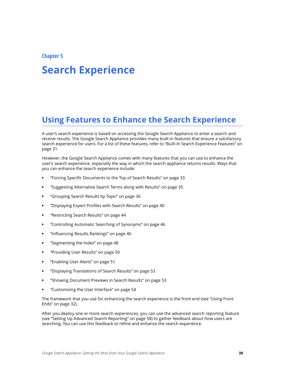 Search experience, Using features to enhance the search experience, Chapter 5 | Google Search Appliance Getting the Most from Your Google Search Appliance User Manual | Page 30 / 77