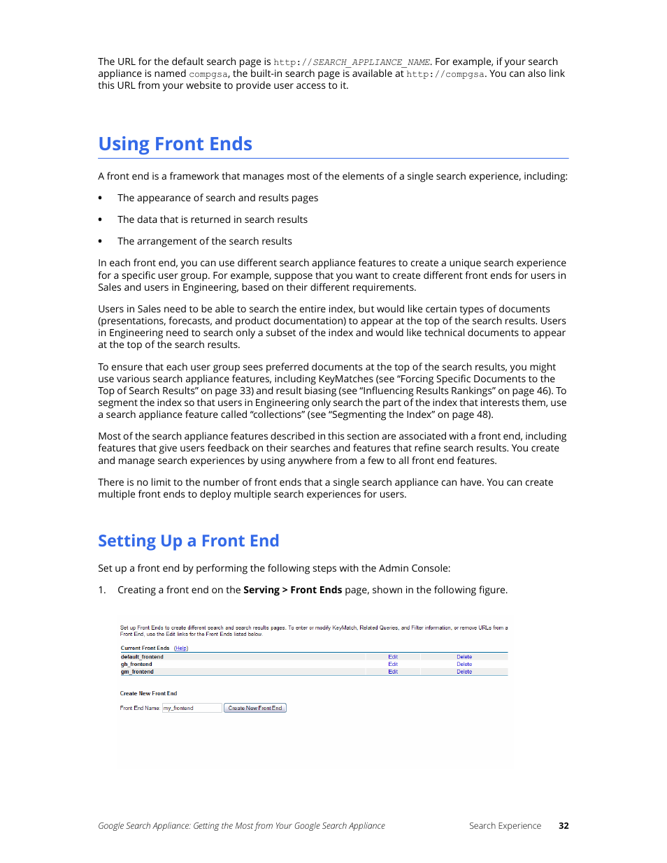 Using front ends, Setting up a front end | Google Search Appliance Getting the Most from Your Google Search Appliance User Manual | Page 32 / 77