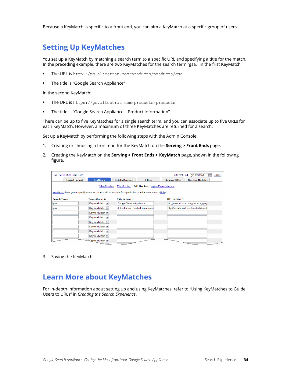Setting up keymatches, Learn more about keymatches | Google Search Appliance Getting the Most from Your Google Search Appliance User Manual | Page 34 / 77