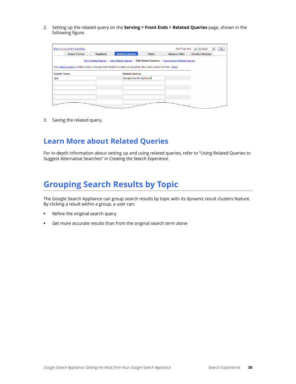 Learn more about related queries, Grouping search results by topic | Google Search Appliance Getting the Most from Your Google Search Appliance User Manual | Page 36 / 77