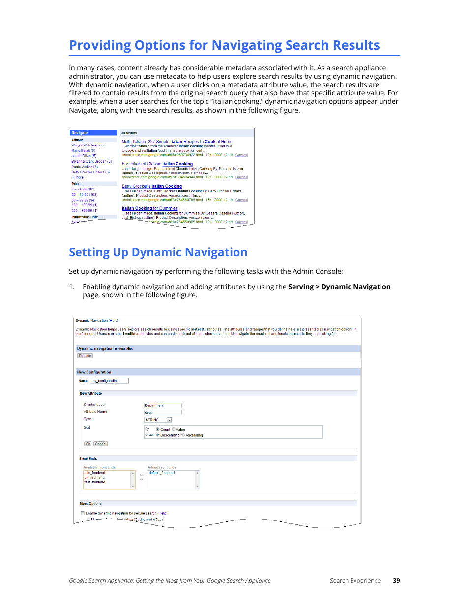 Providing options for navigating search results, Setting up dynamic navigation | Google Search Appliance Getting the Most from Your Google Search Appliance User Manual | Page 39 / 77