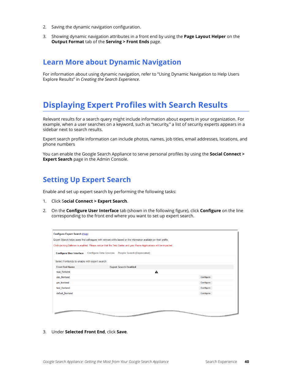 Learn more about dynamic navigation, Displaying expert profiles with search results, Setting up expert search | Google Search Appliance Getting the Most from Your Google Search Appliance User Manual | Page 40 / 77