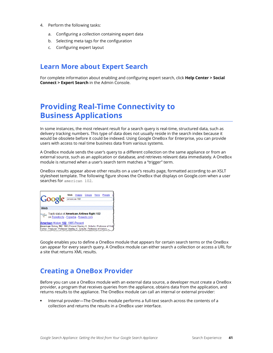 Learn more about expert search, Creating a onebox provider | Google Search Appliance Getting the Most from Your Google Search Appliance User Manual | Page 41 / 77