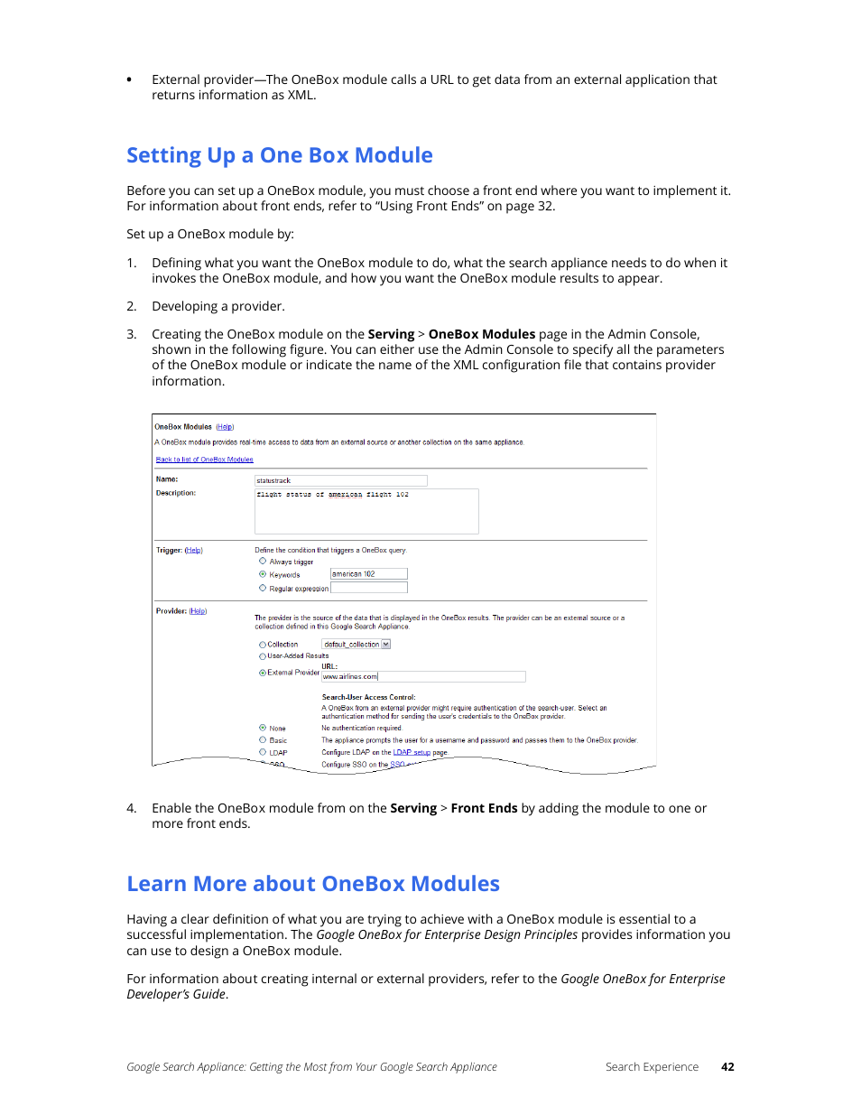Setting up a one box module, Learn more about onebox modules | Google Search Appliance Getting the Most from Your Google Search Appliance User Manual | Page 42 / 77