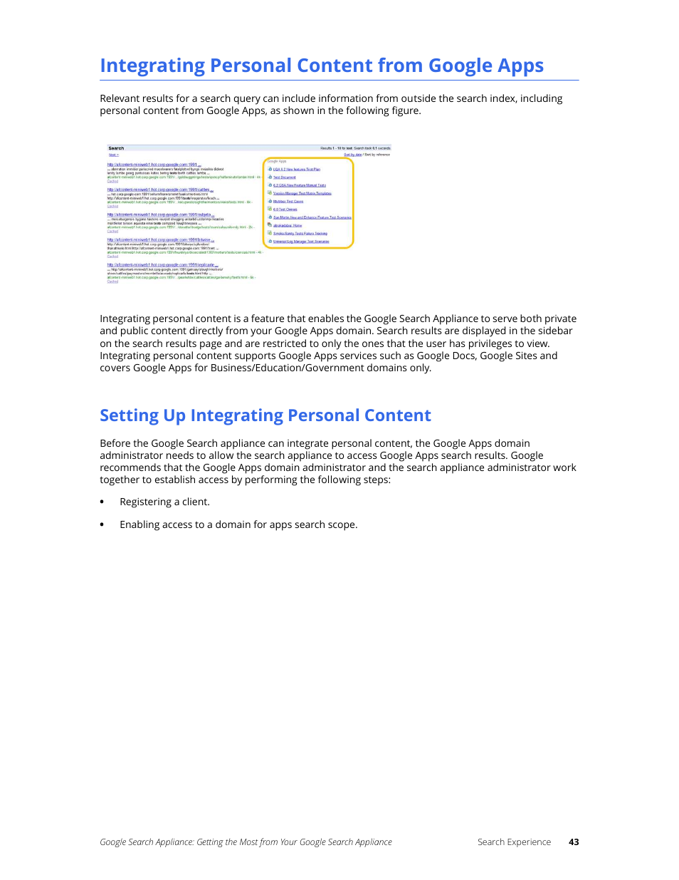 Integrating personal content from google apps, Setting up integrating personal content | Google Search Appliance Getting the Most from Your Google Search Appliance User Manual | Page 43 / 77