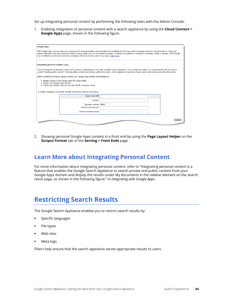 Learn more about integrating personal content, Restricting search results | Google Search Appliance Getting the Most from Your Google Search Appliance User Manual | Page 44 / 77