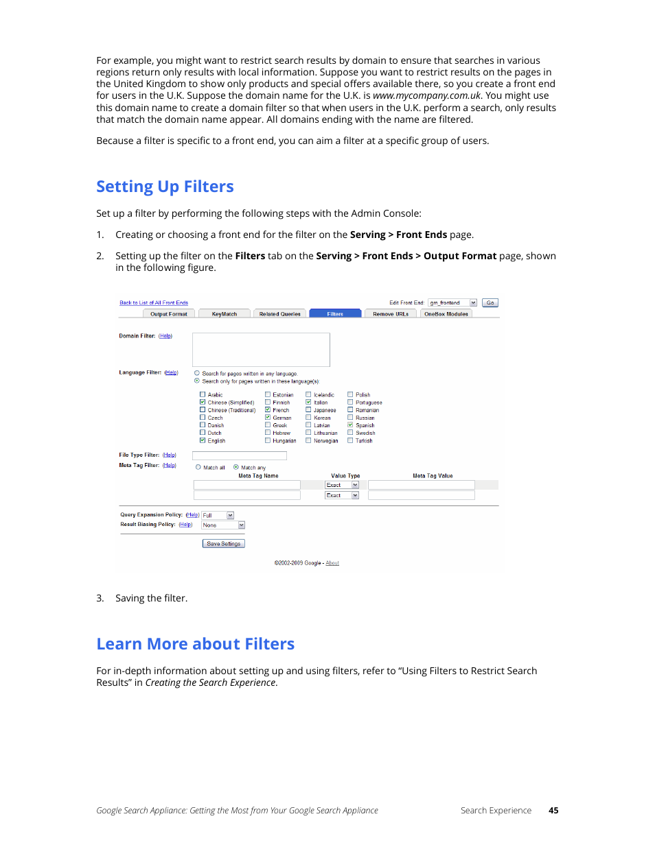 Setting up filters, Learn more about filters | Google Search Appliance Getting the Most from Your Google Search Appliance User Manual | Page 45 / 77