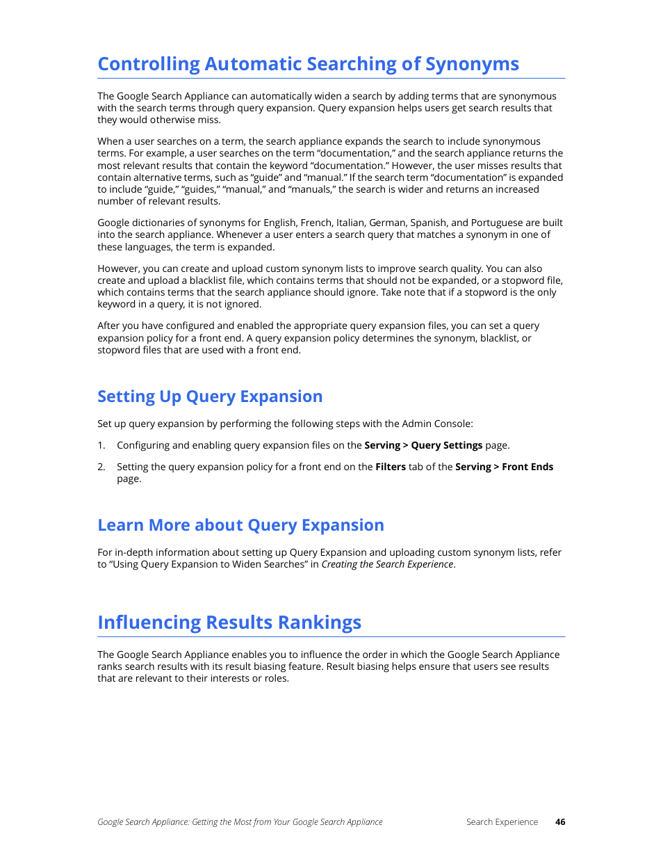 Controlling automatic searching of synonyms, Setting up query expansion, Learn more about query expansion | Influencing results rankings | Google Search Appliance Getting the Most from Your Google Search Appliance User Manual | Page 46 / 77