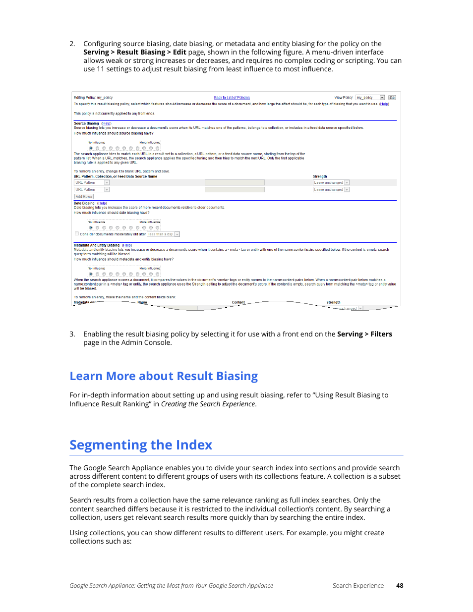 Learn more about result biasing, Segmenting the index | Google Search Appliance Getting the Most from Your Google Search Appliance User Manual | Page 48 / 77