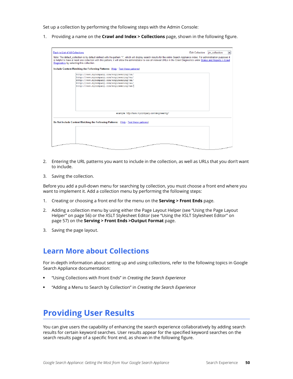 Learn more about collections, Providing user results | Google Search Appliance Getting the Most from Your Google Search Appliance User Manual | Page 50 / 77