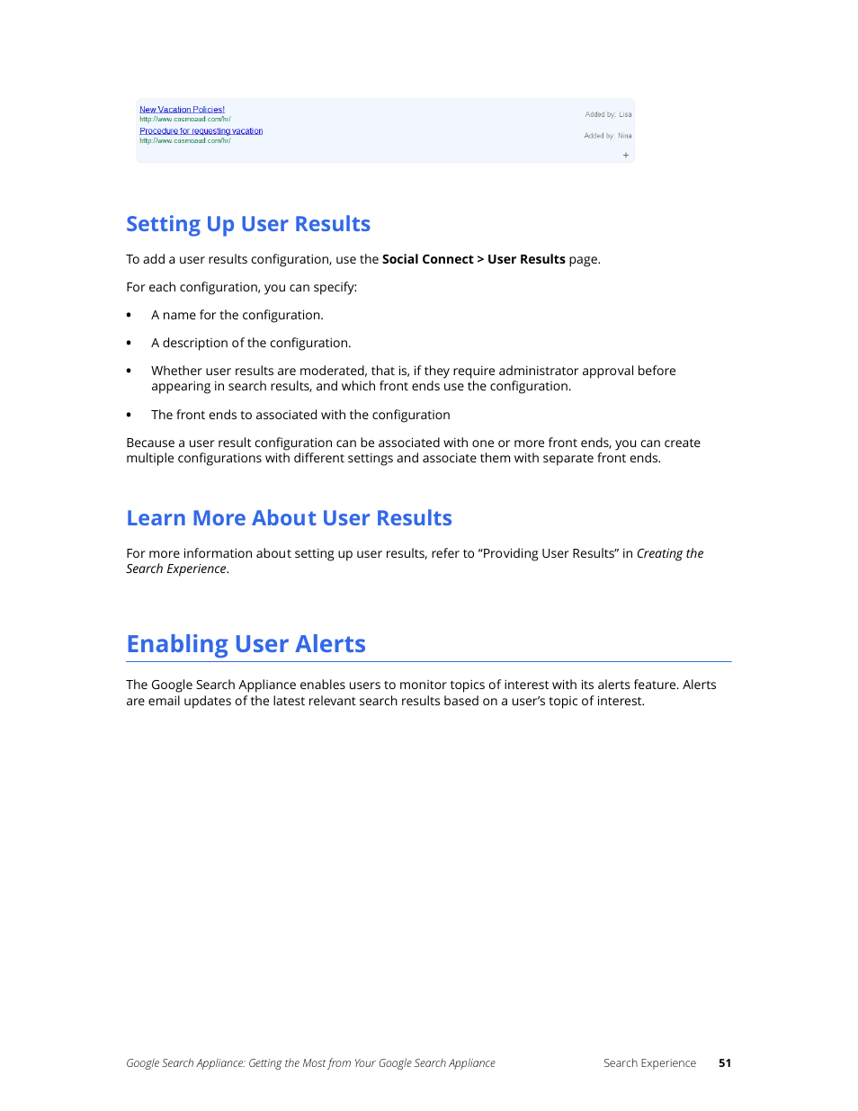 Setting up user results, Learn more about user results, Enabling user alerts | Google Search Appliance Getting the Most from Your Google Search Appliance User Manual | Page 51 / 77