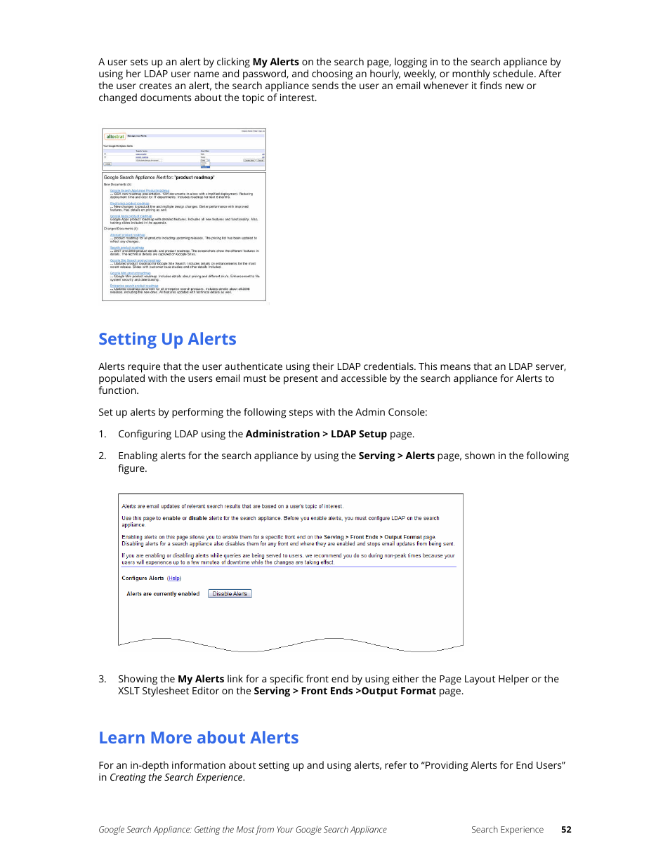 Setting up alerts, Learn more about alerts | Google Search Appliance Getting the Most from Your Google Search Appliance User Manual | Page 52 / 77
