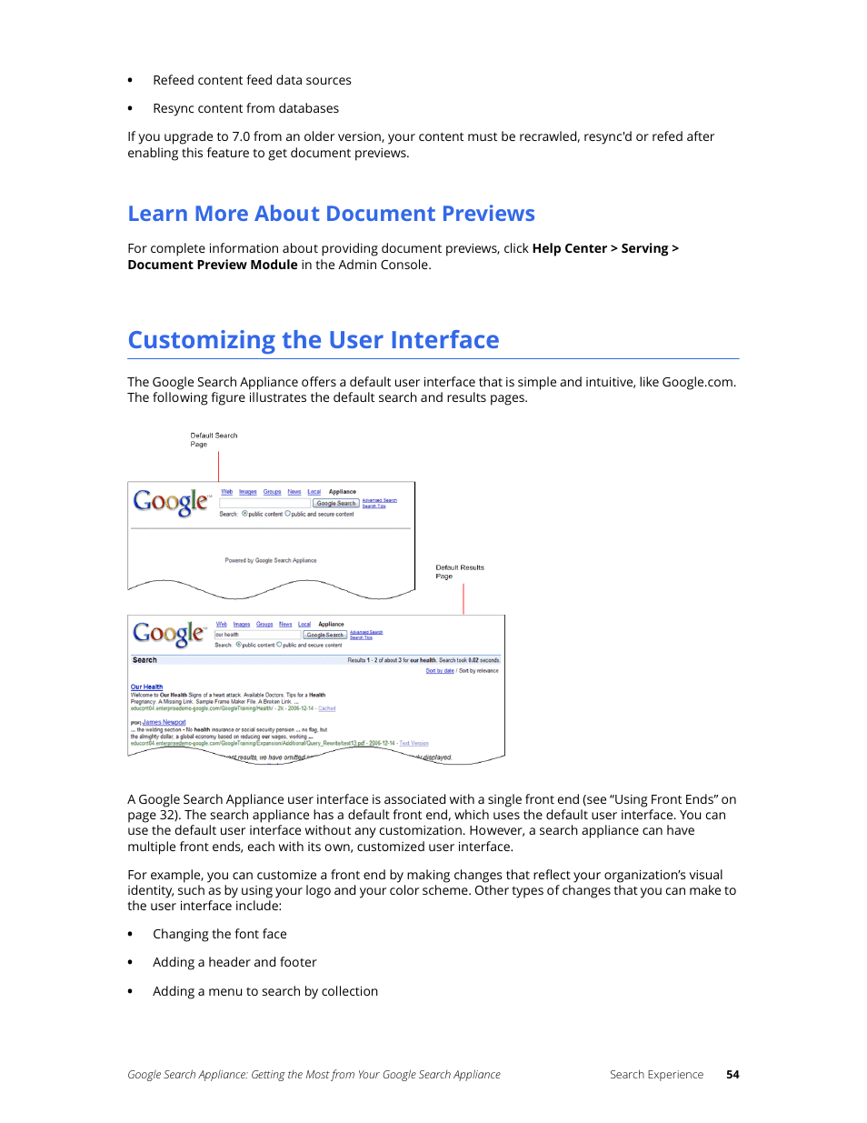 Learn more about document previews, Customizing the user interface | Google Search Appliance Getting the Most from Your Google Search Appliance User Manual | Page 54 / 77