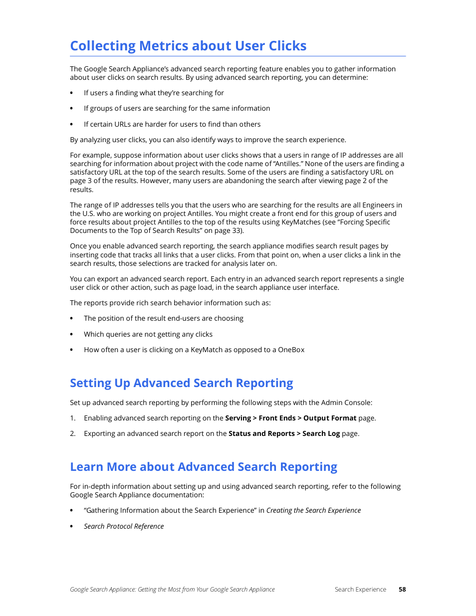 Collecting metrics about user clicks, Setting up advanced search reporting, Learn more about advanced search reporting | Google Search Appliance Getting the Most from Your Google Search Appliance User Manual | Page 58 / 77