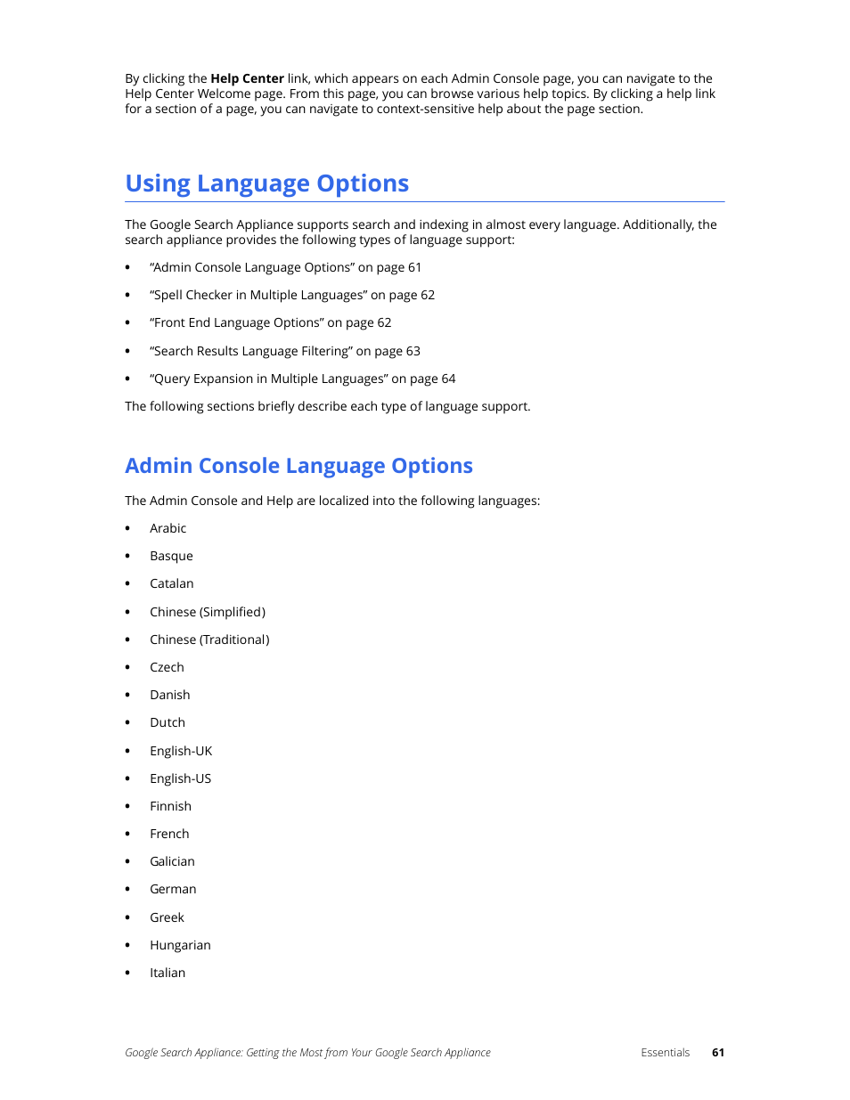 Using language options, Admin console language options | Google Search Appliance Getting the Most from Your Google Search Appliance User Manual | Page 61 / 77