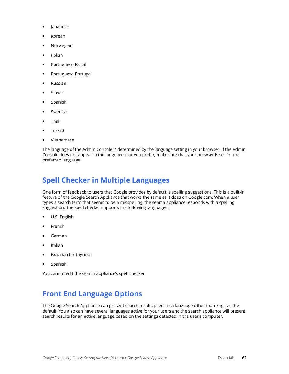 Spell checker in multiple languages, Front end language options | Google Search Appliance Getting the Most from Your Google Search Appliance User Manual | Page 62 / 77