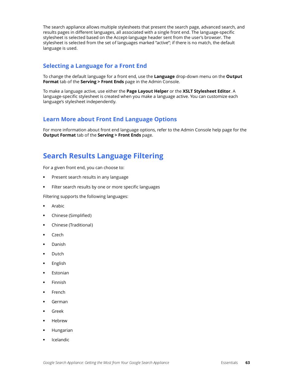 Selecting a language for a front end, Learn more about front end language options, Search results language filtering | Google Search Appliance Getting the Most from Your Google Search Appliance User Manual | Page 63 / 77
