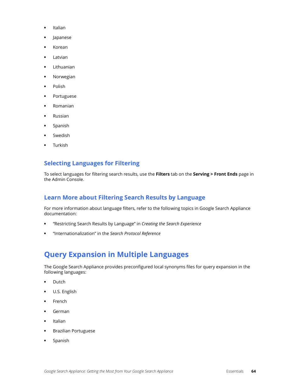 Selecting languages for filtering, Query expansion in multiple languages | Google Search Appliance Getting the Most from Your Google Search Appliance User Manual | Page 64 / 77