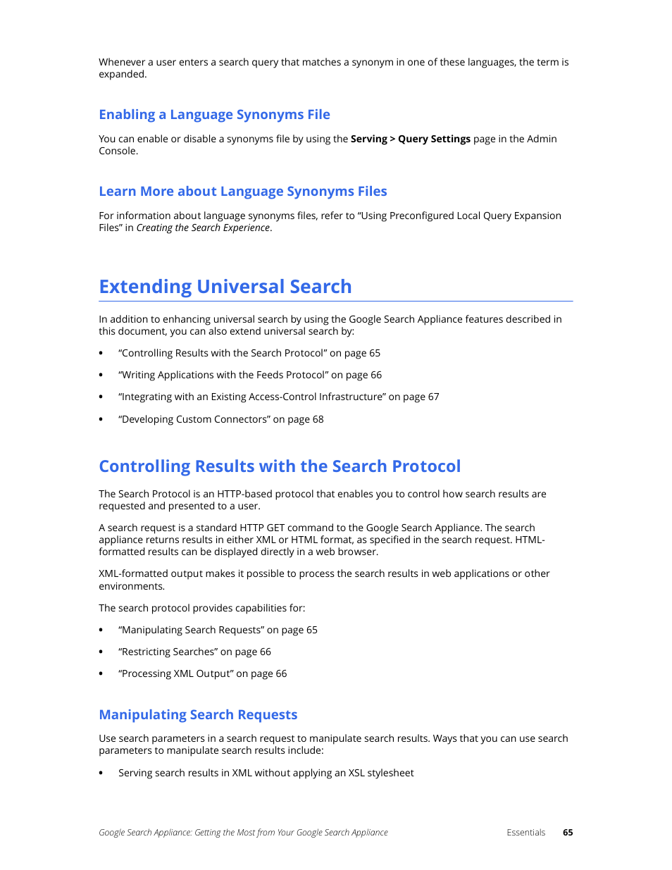 Enabling a language synonyms file, Learn more about language synonyms files, Extending universal search | Controlling results with the search protocol, Manipulating search requests | Google Search Appliance Getting the Most from Your Google Search Appliance User Manual | Page 65 / 77