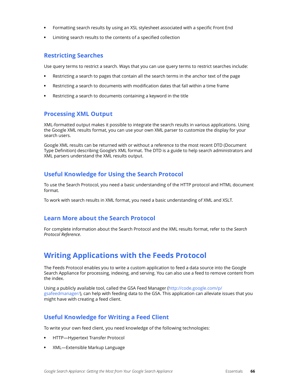 Restricting searches, Processing xml output, Useful knowledge for using the search protocol | Learn more about the search protocol, Writing applications with the feeds protocol, Useful knowledge for writing a feed client | Google Search Appliance Getting the Most from Your Google Search Appliance User Manual | Page 66 / 77