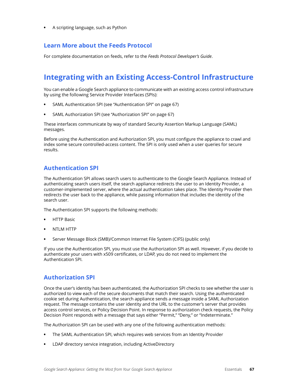 Learn more about the feeds protocol, Authentication spi, Authorization spi | Google Search Appliance Getting the Most from Your Google Search Appliance User Manual | Page 67 / 77