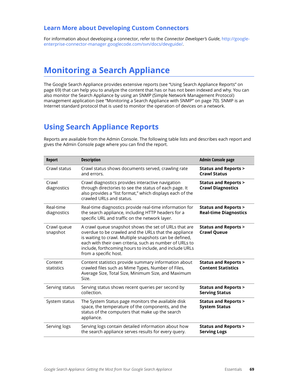 Learn more about developing custom connectors, Monitoring a search appliance, Using search appliance reports | Google Search Appliance Getting the Most from Your Google Search Appliance User Manual | Page 69 / 77