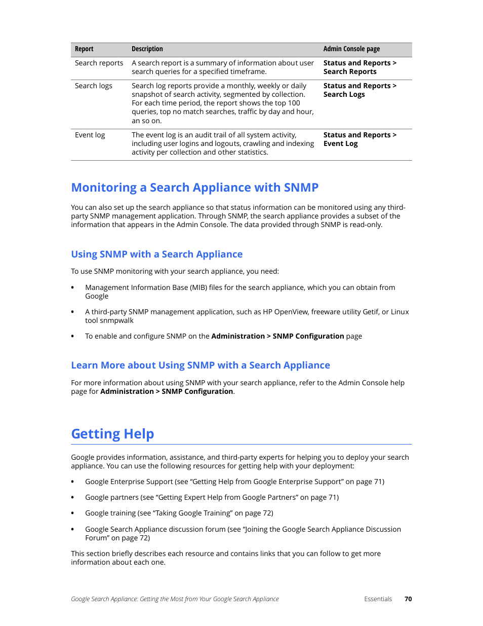 Monitoring a search appliance with snmp, Using snmp with a search appliance, Getting help | Google Search Appliance Getting the Most from Your Google Search Appliance User Manual | Page 70 / 77